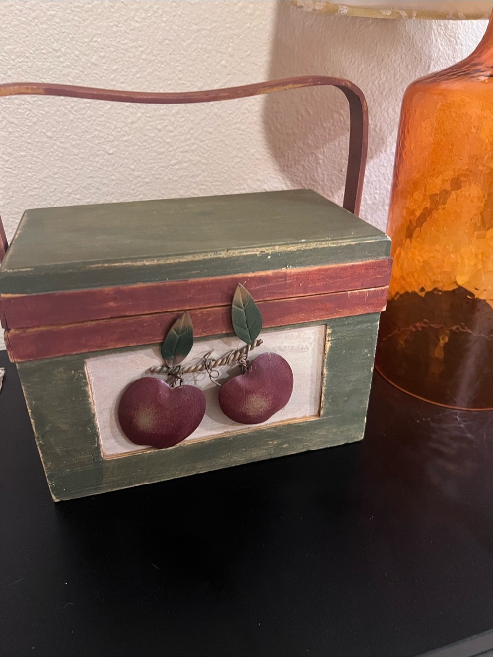 Vintage 1960’s Novelty Green and Burgundy Wooden Decorative Box with 3D Apple